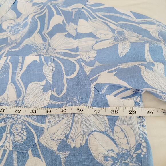Magaschoni Shirt Womens XL Blue White Floral Linen Button Up Pocket Resort Boxy - Picture 8 of 9